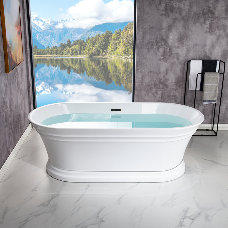 67" x 29.5" Freestanding Soaking Acrylic Bathtub with Pedestal, Double Ended, Non-Slip Design, White/Oil Rubbed Bronze