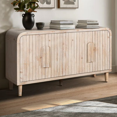 Buffet courbé 59 po avec poignées en bois énormes, tablettes réglables pour la cuisine, la salle à manger, grain vertical délavé au bois naturel, repas massif