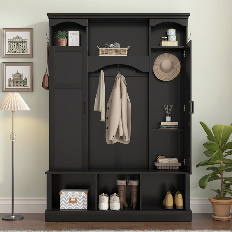 Hall Tree With Storage Bench, Entryway Coat Rack With Cabinets And Hooks, Arched Display Shelf Design, Contemporary Minimalist, Entryway