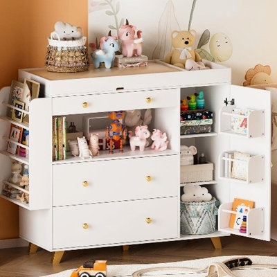 White Changing Table Dresser With Wide Top And 3 Drawers, Easy - To Build Product, 54" Vanity 12 Drawer Cabinet, Open Storage Shelves For Bedroom Decor Built Long Lasting, Adjustable Brightness