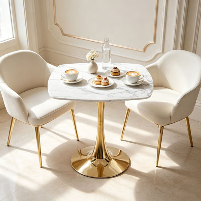 Table de salle à manger 31,5 "SquareTulip pour 2 à 4 personnes Table de cuisine moderne Mid-Century avec plateau en panneau de fibres à densité moyenne blanc et piédestal en métal doré