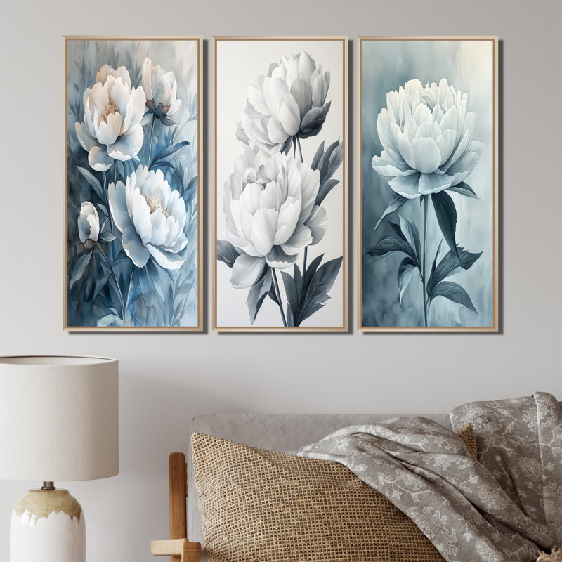 Minimalisme, pivoines à l'ombre - Collection d'art mural grand pivoines, H 32 po x l 48 po, Impression encadrée flottante