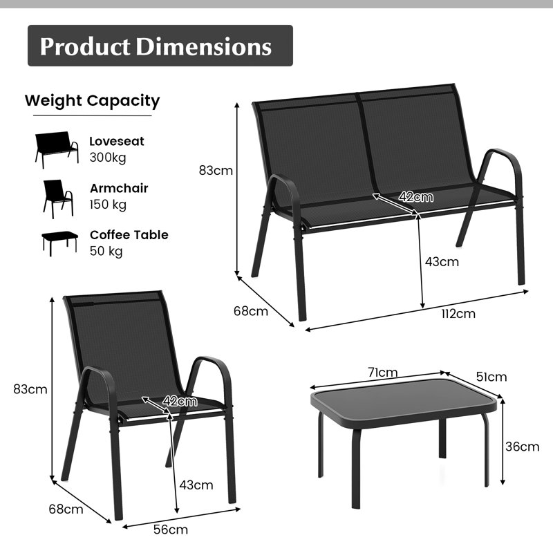 4 Piece Patio Metal Table & Chairs Outdoor Conversation Furniture Set W/ Loveseat-Black, Black