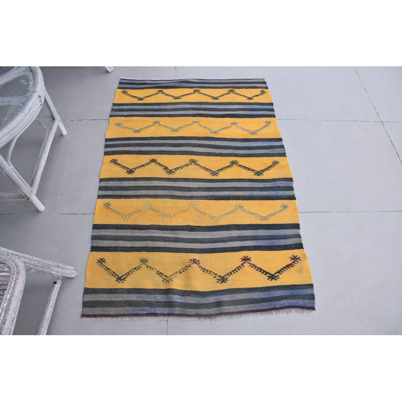 Tapis de porte kilim turc tissé à la main en zigzag jaune pour un décor de style bohémien