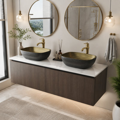 Meuble-lavabo flottant mural moderne et élégant avec comptoir, lavabo en céramique, robinet en cuivre, portes doubles ouvertes, 3 tailles