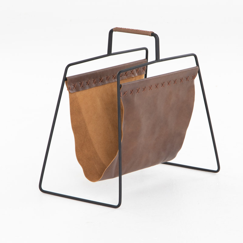 Black Metal Freestanding Magazine Rack with Brown Leather Slings