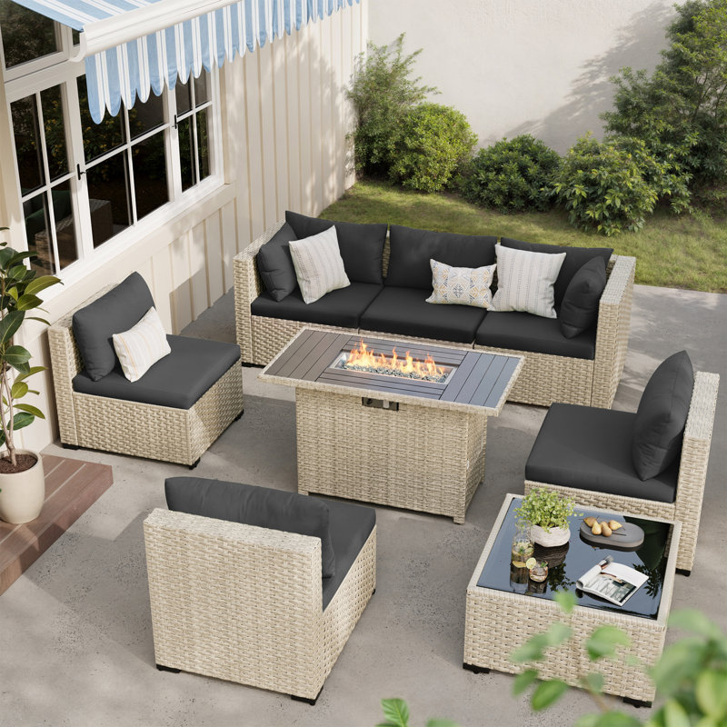Ensemble de conversation de patio 8 pièces avec foyer, table basse et coussins, Noir