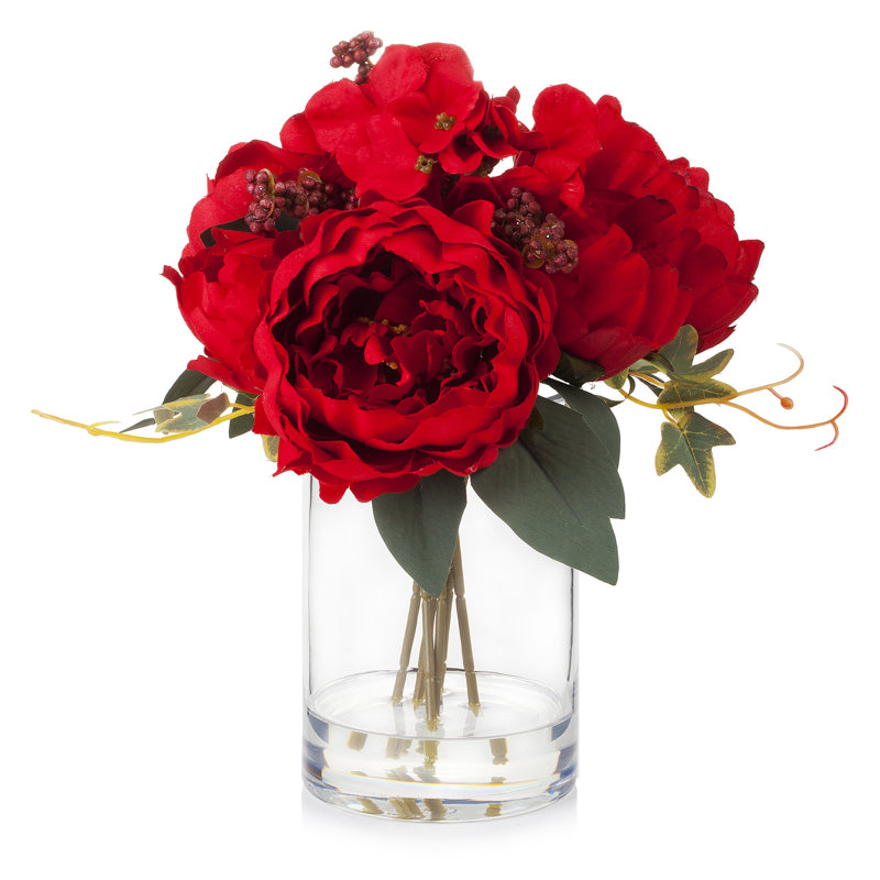 Silk Peonies Arrangement in Vase, Red