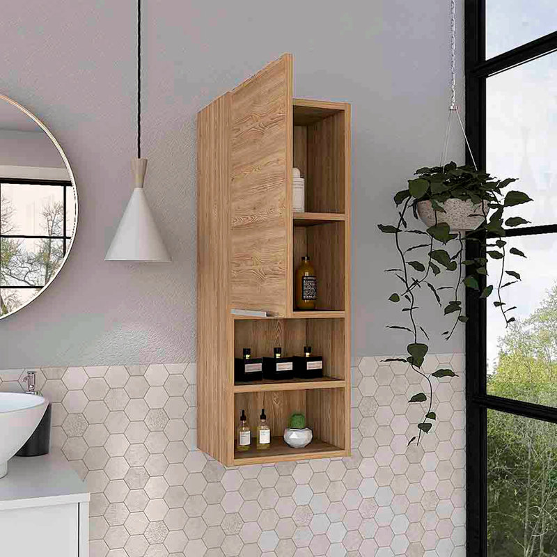 Armoire à pharmacie à porte simple H 32 po, deux tablettes extérieures, deux tablettes intérieures, Naturel