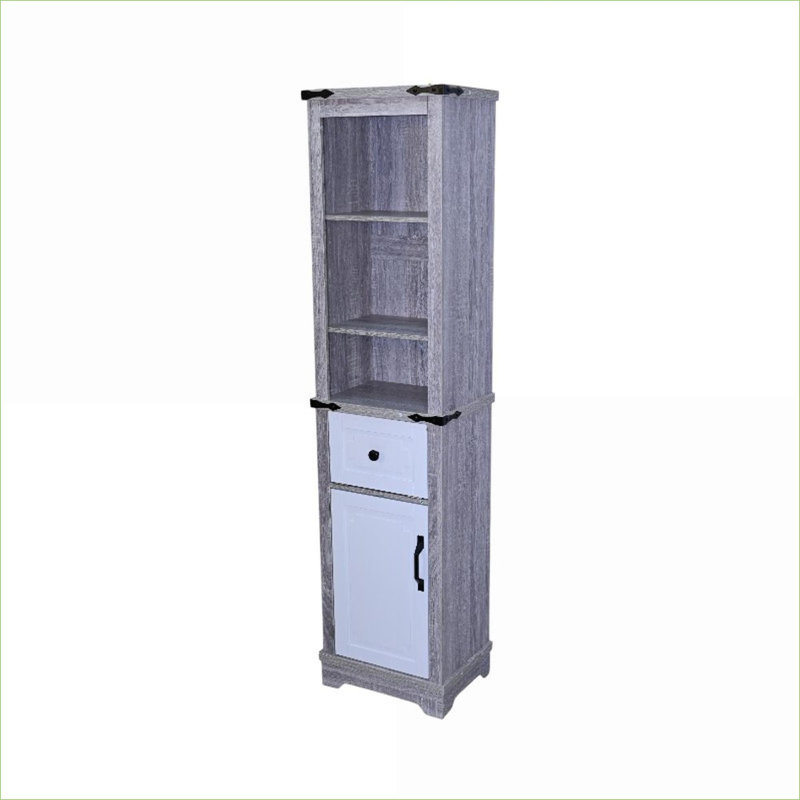 Cabinets | Tall Narrow Farmhouse Storage Cabinet with Adjustable Shelves &amp; Drawer, 15.55"W, Light Gray &amp; Off White | Particle Board+MDF | Bathroom