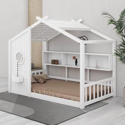 Lit sur pied avec tablette de rangement, lit maisonnette avec toit