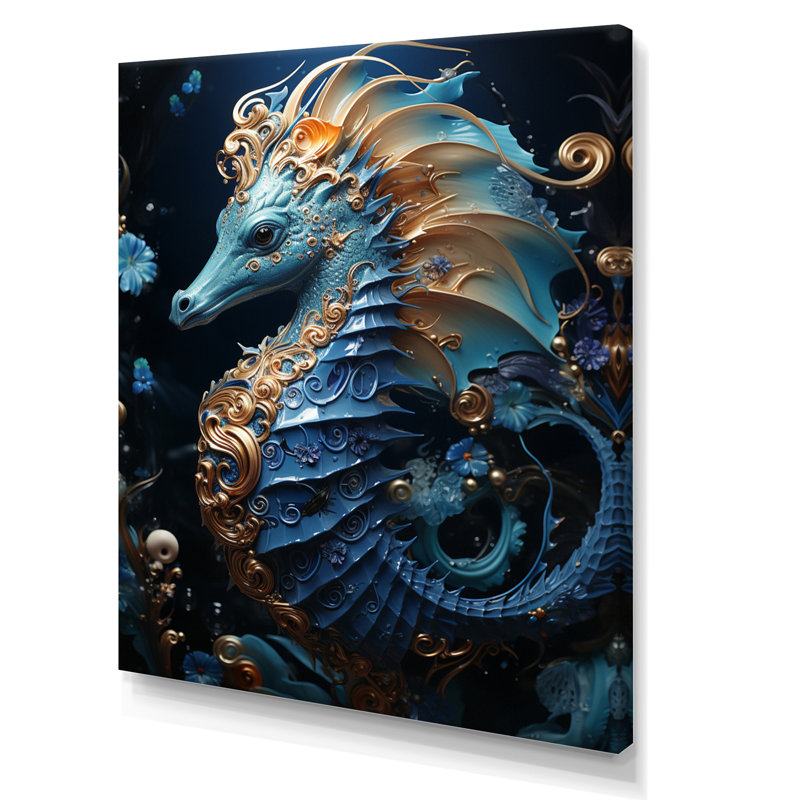 Sapphire Seahorse Delicate Drips II - animaux, impressions sur toile, L 24 po x H 32 po, Toile tendue