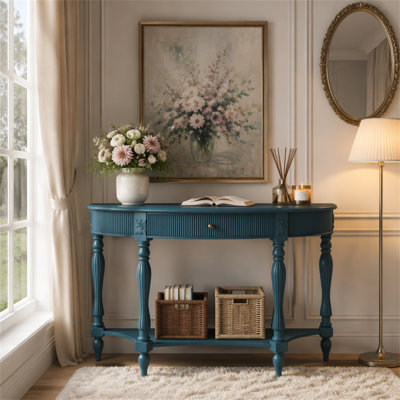 Console demi-lune en bois massif avec tiroir et tablette