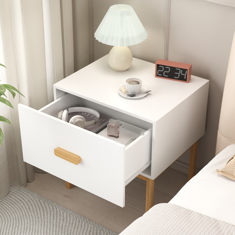 Table de chevet blanche minimaliste avec tiroir et composition en bois d'ingénierie, convient aux petits appartements de chambre à coucher, aux espaces de vie