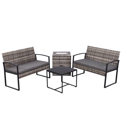 Patio Furniture Set W/removable Ice Bucket Storage Box - Pe Rattan All Weather Outdoor Conversation Set W/cushioned Benches & Glass Top Table For Back