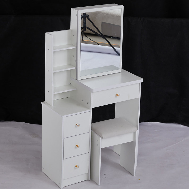 Compact Left Bedside Dresser Vanity, Comes With Cushioned Seat & Large Sliding Mirror, Multi-layer Storage, Chic White For Tiny Spaces Small Space Vanity Cabinet Chair, Extra Multi-layered Modern