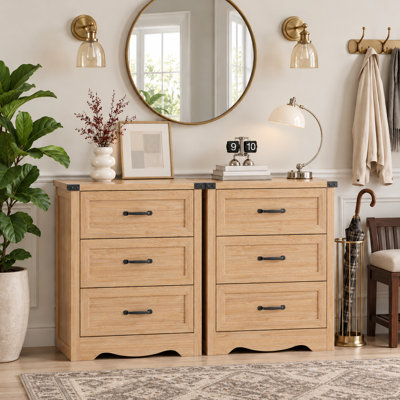 Ensemble de 2 tables de chevet avec poignées en métal, rangement de chevet rustique à 3 tiroirs de 23,6 po pour la chambre à coucher