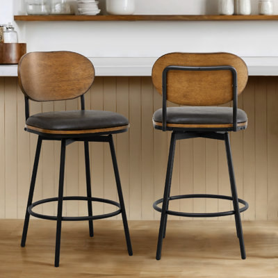 Avriel Modern Swivel Stools With Wooden Back & Metal Legs