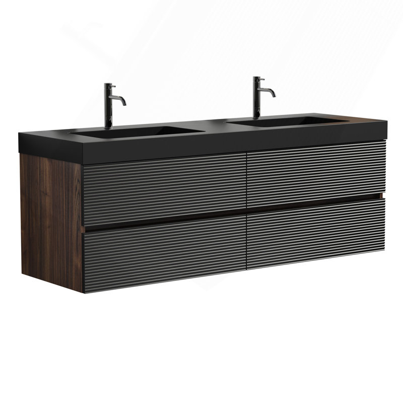 Meuble-lavabo 60 po en noyer avec lavabo en quartz noir mat et tiroirs noirs doux, meuble-lavabo mural flottant, sans drain ni robinet, pré-assemblé