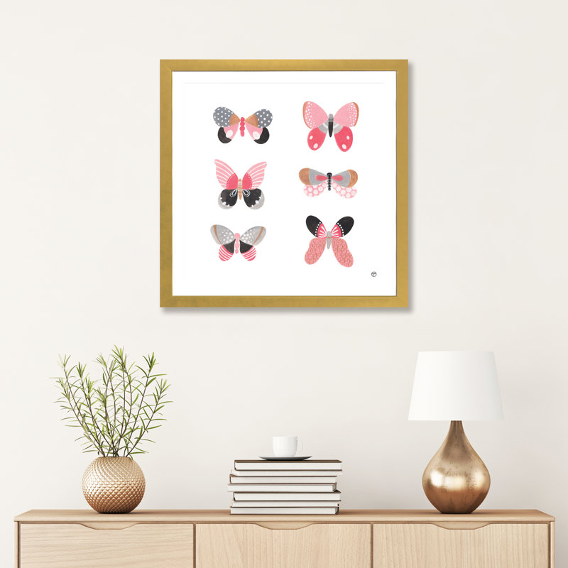 6 papillons art, H 24 po x l 24 po x P 1 po, Papier encadré doré