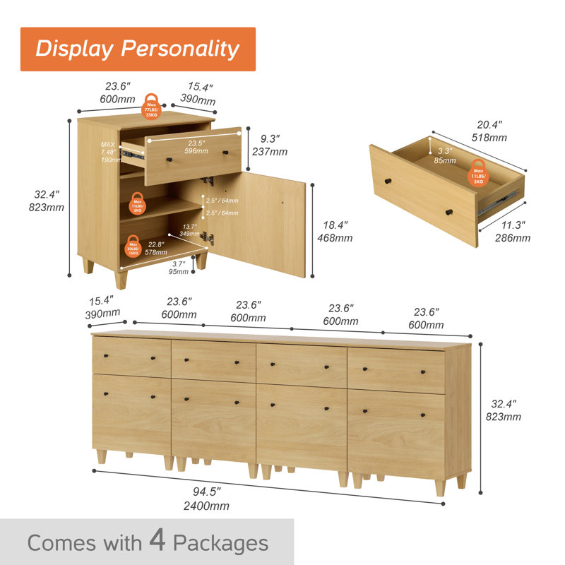 Lysiane 94.4" Wide 4 Drawer Sideboard, Oak