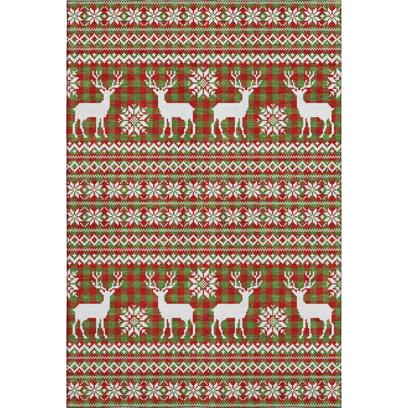 Premium Machine Washable Dockside AMF1820 Reindeers and Snowflakes Rug, Rectangle 10' x 14'
