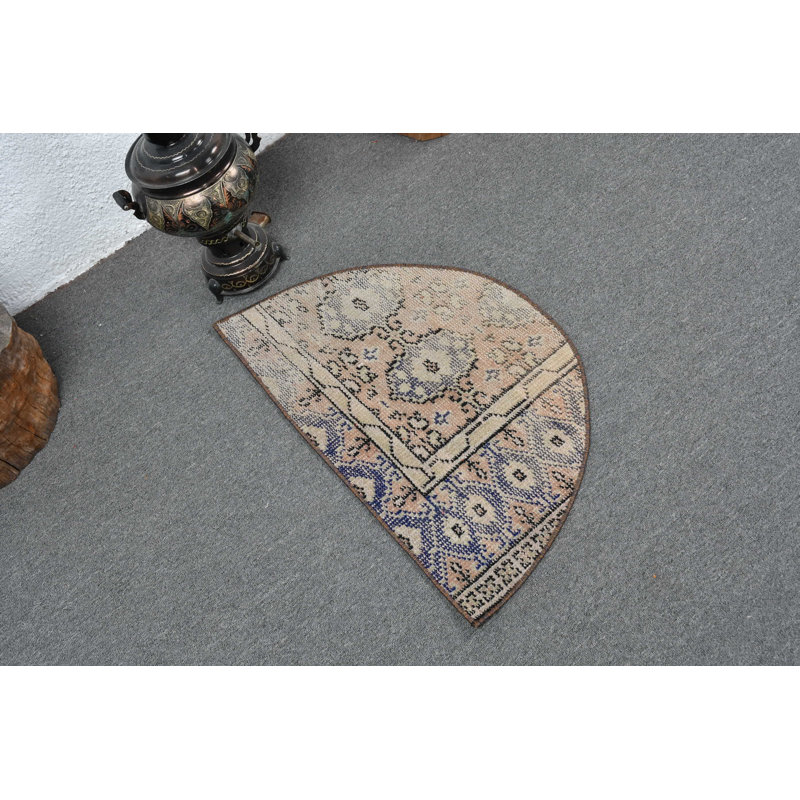 Handcrafted Blue Half Circle Turkish Anatolian Rug Ideal for Entryways and Vintage Decor Blue/Orange