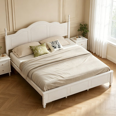 Classic Vintage King Bed Frame, Platform Bed, With Wave Shaped Headboard And Solid Wooden Slat Foundation, Tool-Free Simple Assembly,  White