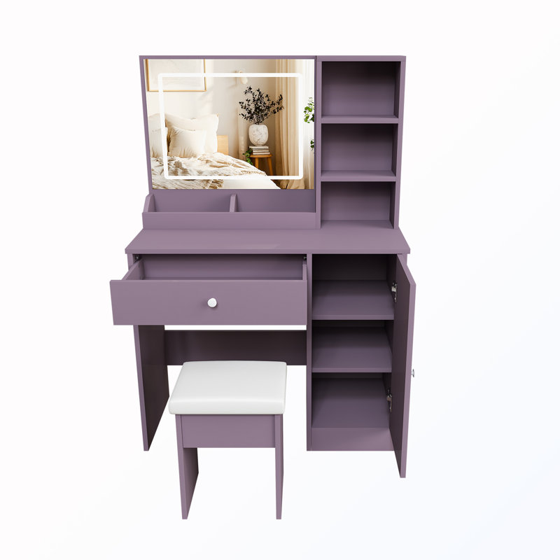 Coiffeuse de maquillage avec tabouret et miroir réglable à DEL