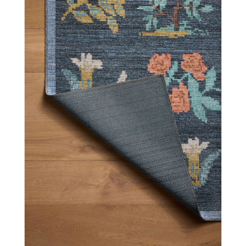 Navy Floral Synthetic 3'-9" x 5'-6" Area Rug