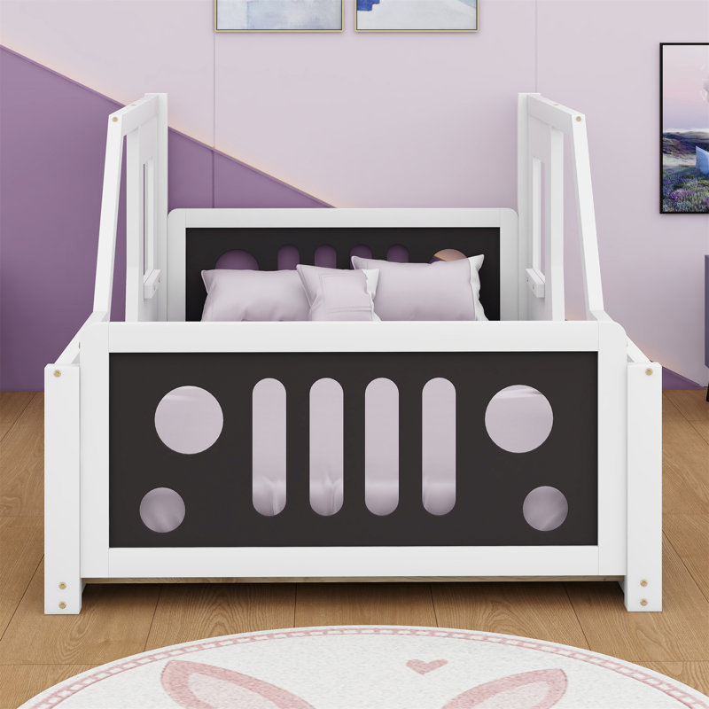 Lit en bois en forme de voiture Annecorinne, lit plateforme, cadre de lit, Lit simple, Noir / blanc