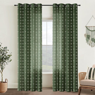 Olive Green Boho Sheer Linen Curtains, Floral Pattern Modern Organic Drapes For Living Room & Bedroom, 84-Inch Length