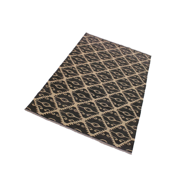 Tapis géométrique noir en laine noué à la main à motif géométrique 5 pi 7 po x 8 pi 1 po Madli