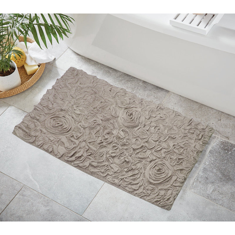 Schoenberger Floral Design Cotton Bath Rug, Linen, 40" L x 24" W