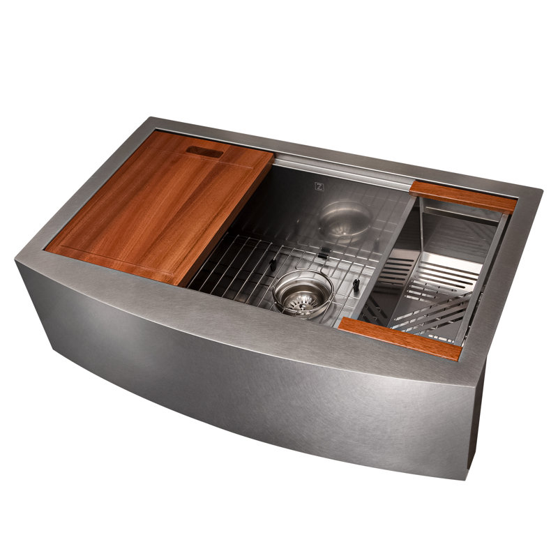 DuraSnow® ZLINE 33" Moritz Farmhouse Apron Mount Single Bowl Fingerprint Resistant Stainless Steel Kitchen Sink with Bottom Grid and Accessories