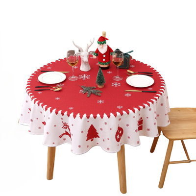 Christmas Tablecloth, Round Tablecloth, Snowflake and Reindeer Bell Print