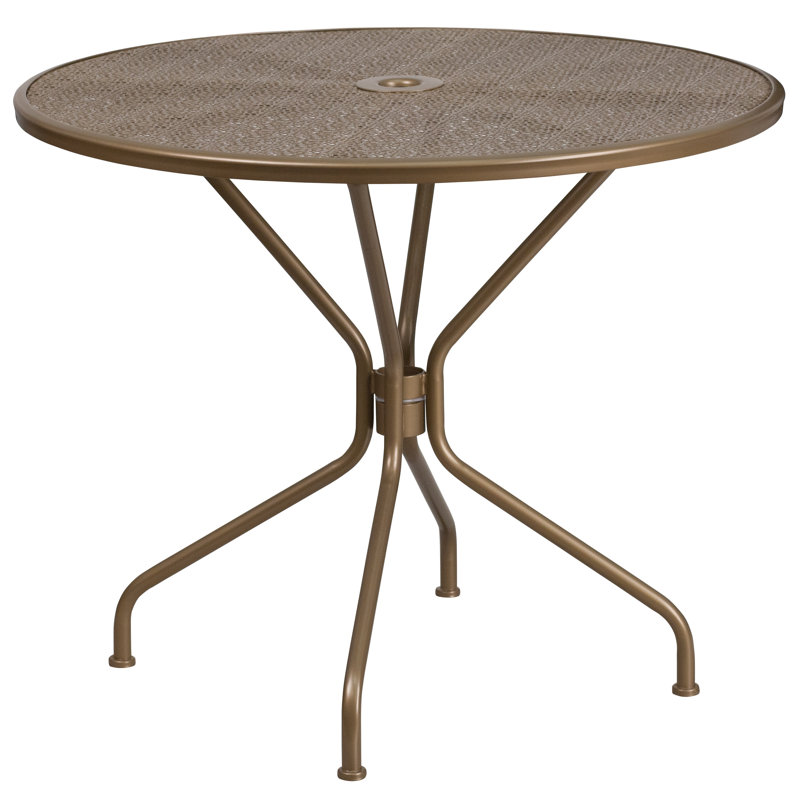 Chanea 35.25" Round Indoor-Outdoor Steel Patio Table-Umbrella Hole-Restaurant Seating, Gold