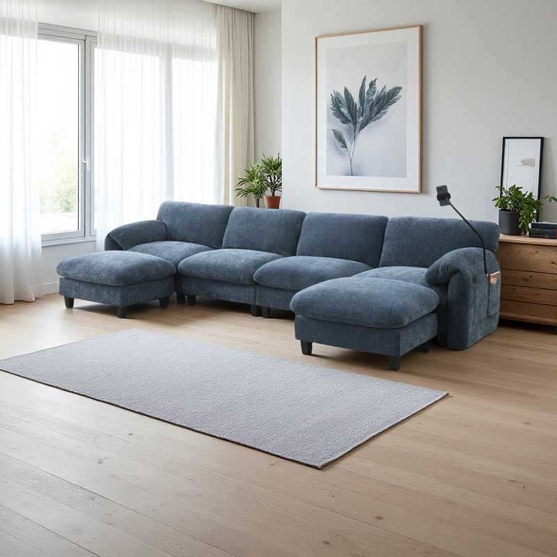 Canapé modulaire de 140 po en forme de U avec coussin de siège extra large de 31,5 po, chargeur USB et de type C, support pour téléphone et 2 poches de rangement latérales, repose-pieds à mouvement libre, chenille rayée