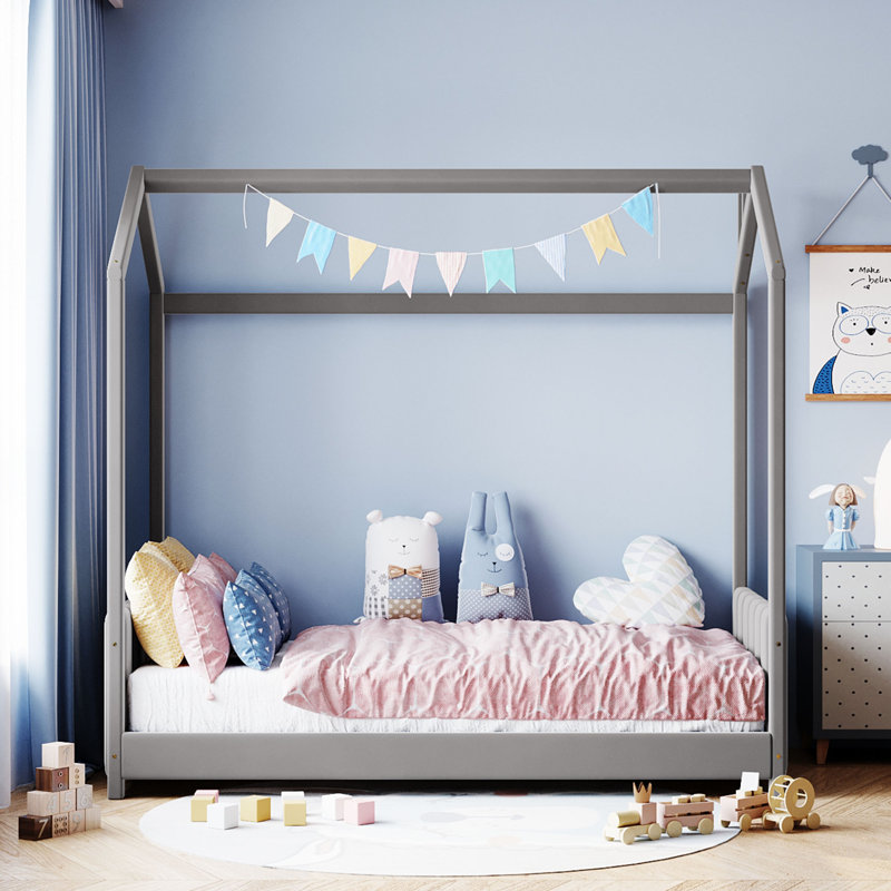 Twin Size Velvet House Bed Wood Bed, Gray, Twin