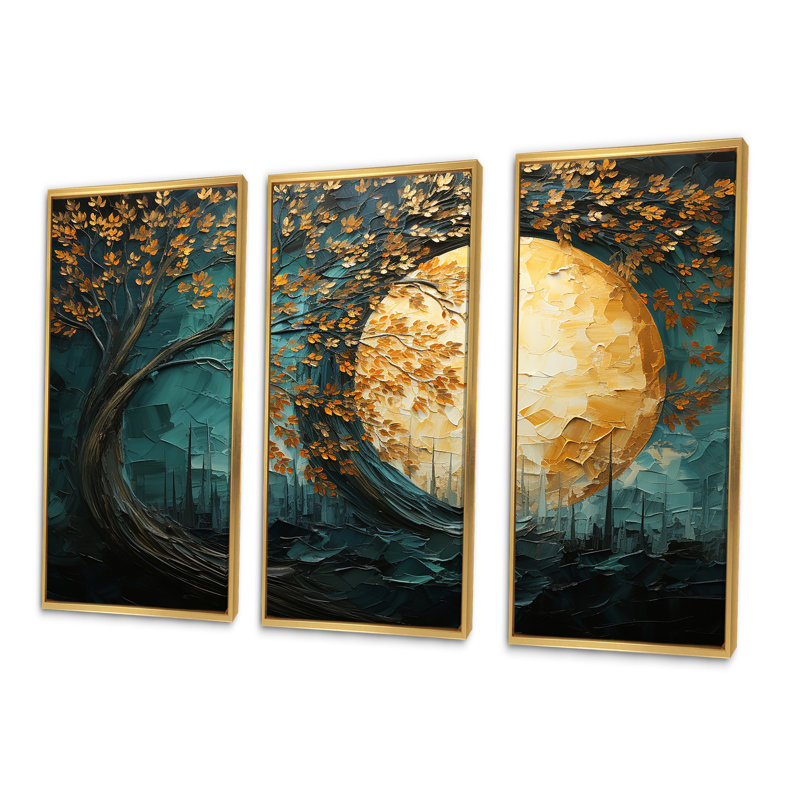 «Golden Emerald Forest I», ensemble d'art mural sur toile à spirales abstraites, Cadre flottant doré