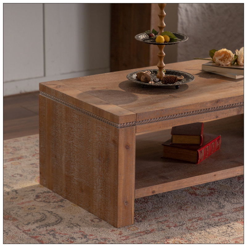 Table basse rectangulaire - Bois massif - Grande tablette de rangement à 2 niveaux - Rustique - Pour bureau et appartement