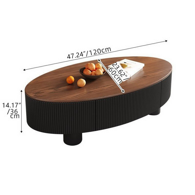Mid-Century Modern Oval Coffee Table With Fluted Wood Base And Hidden Storage Drawers, 47" Walnut Center Table