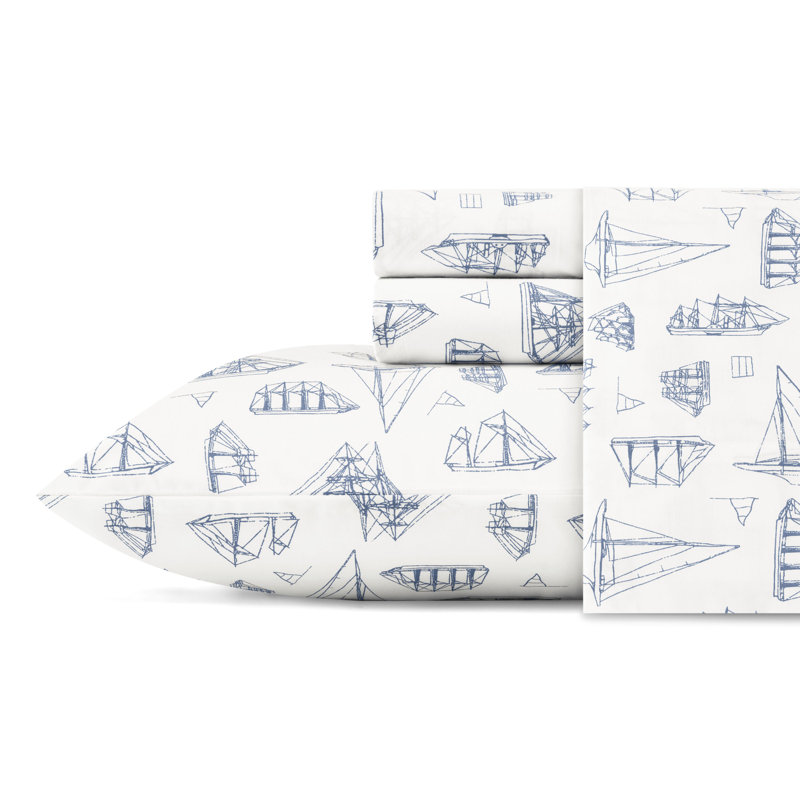 Ensemble de draps en percale de coton 200 fils Bradford, Ensemble de draps pour lit simple avec 1 taie d'or, Voilier blanc