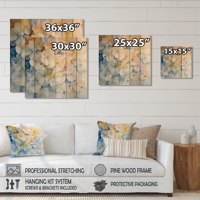 Hydrangea In Soft Focus Of Summer II - Hydrangea Wood Wall Decor - On Natural Pine Wood, 25" H x 25" W x 0.78" D