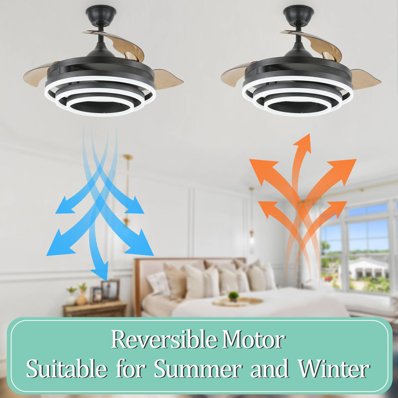 Brynnly 42" Retractable DC Motor Ceiling Fan with LED Lights, Remote 3-Color 6-Speed, Black with Brown Blades