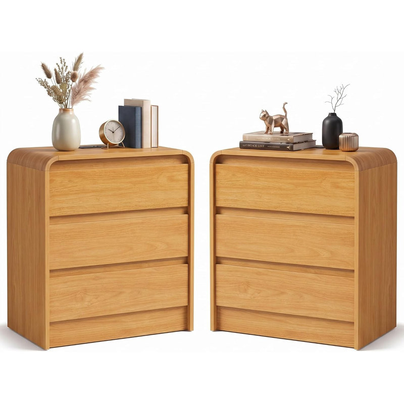 Table de chevet moderne incurvée à 3 tiroirs avec tablette ouverte et gestion des câbles – Table de chevet à bords arrondis en bois veiné pour chambre à coucher, finition chêne (23,62 po L, paquet de 2)