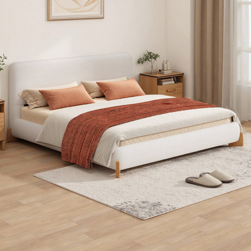 Lit tapissier luxueux avec structure en bois massif, lit plateforme moderne avec pieds et support à 12 lattes, Grand lit