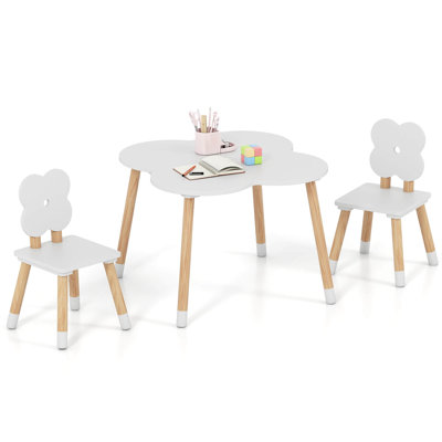 Flower-shaped Kids Table Set with 2 Child-sized Chairs Solid Pine Wood Legs White