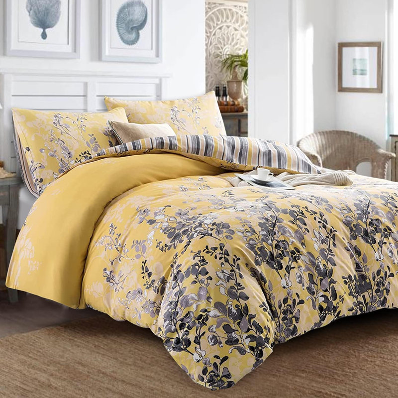 Reversible Microfiber Duvet Cover Set - 2 in 1 Pattern Printed Duvet with Matching Pillow Covers, Ochre Blossom Floral