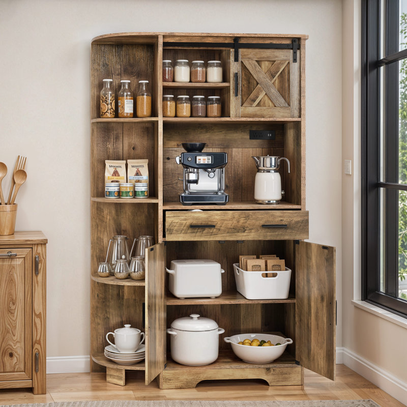Ruthlene 67.3'' Kitchen Pantry Cabinet 4 Tier Storage Shelves with Drawer, Adjustable Shelves, and Sliding Door